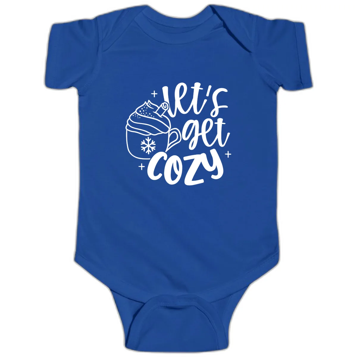 Let's Get Cozy Holiday Design Baby Onesie in Royal
