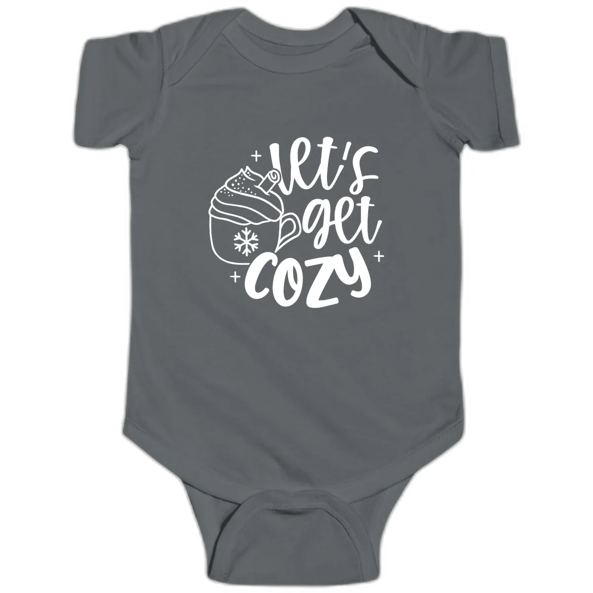 Let's Get Cozy Holiday Design Baby Onesie in Charcoal