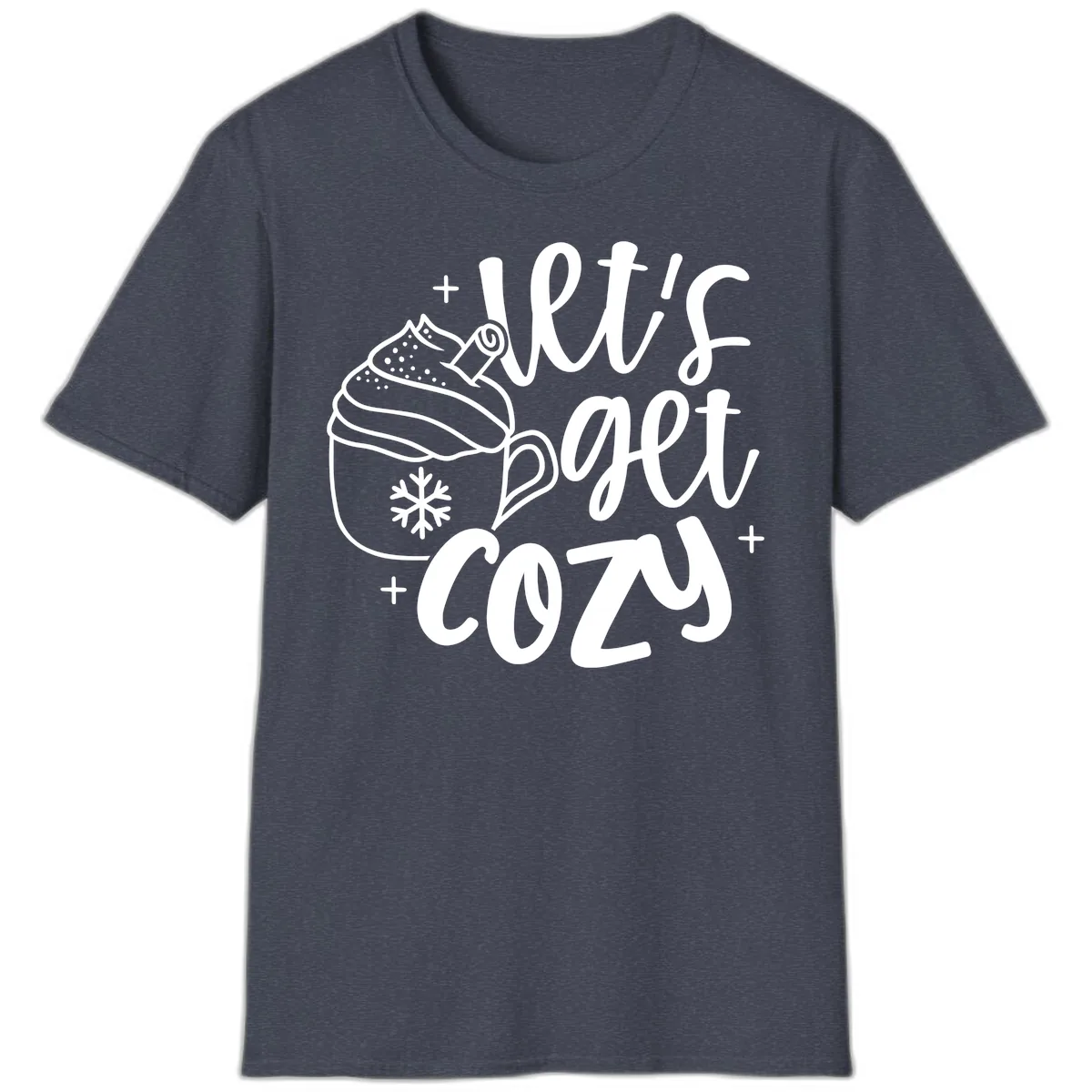 Let's Get Cozy Holiday Design T-Shirt in Heather Navy