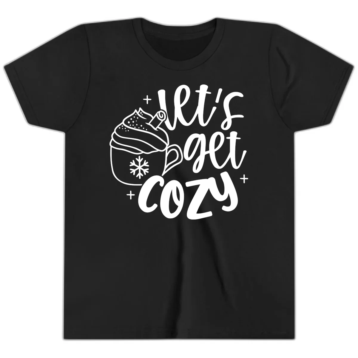 Let's Get Cozy Holiday Design Youth T-Shirt in Black