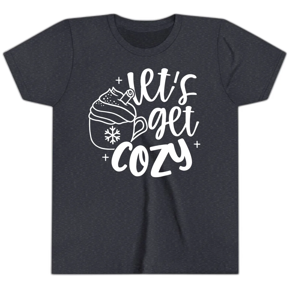 Let's Get Cozy Holiday Design Youth T-Shirt in Heather Navy