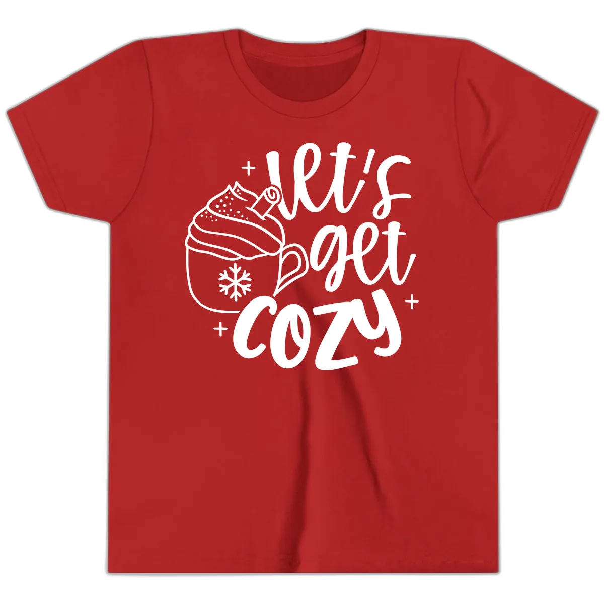 Let's Get Cozy Holiday Design Youth T-Shirt in Red