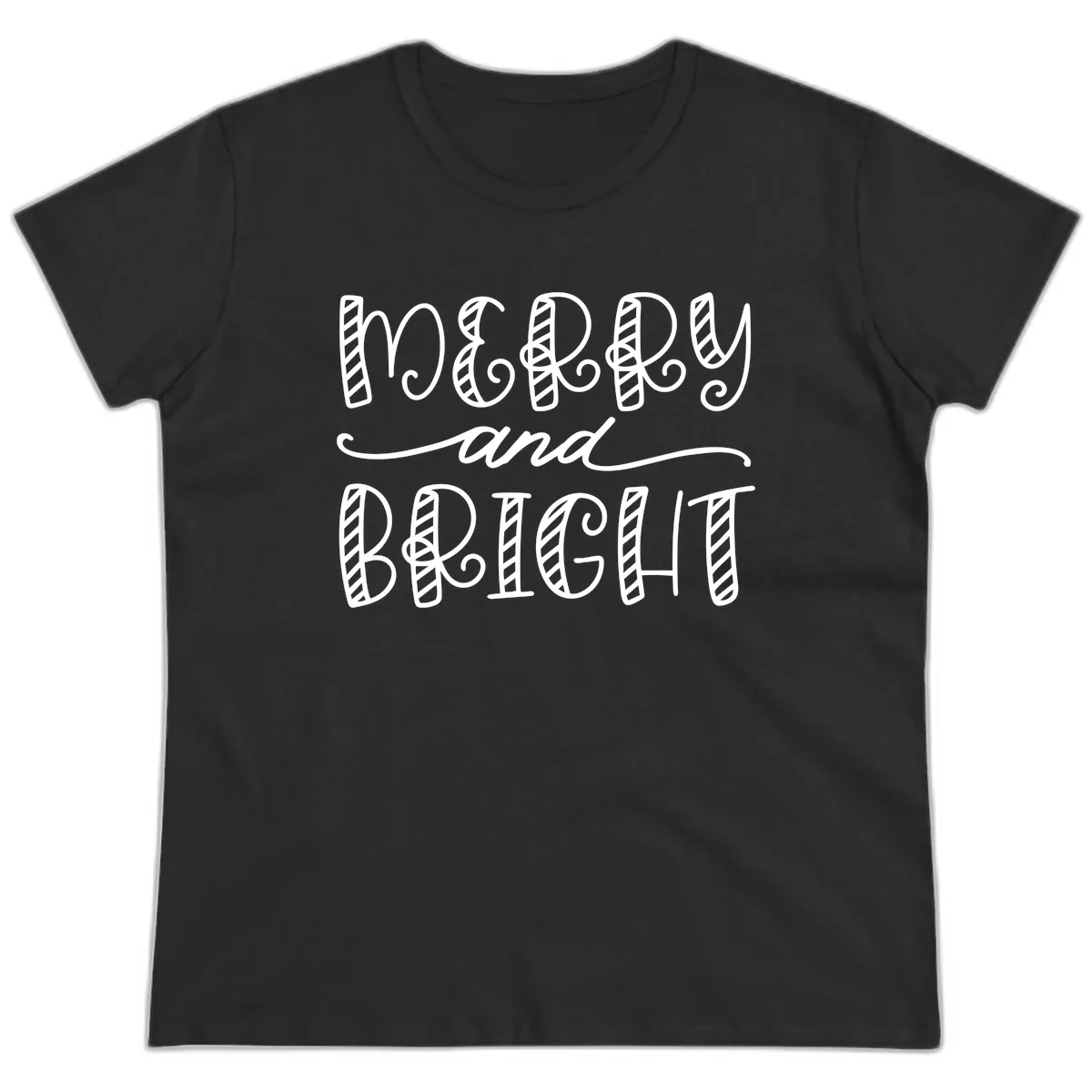 Merry And Bright Holiday Lettering Ladies Tee in Black