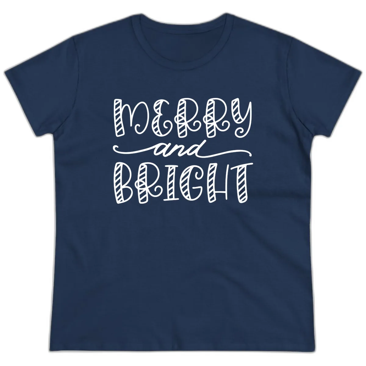 Merry And Bright Holiday Lettering Ladies Tee in Navy