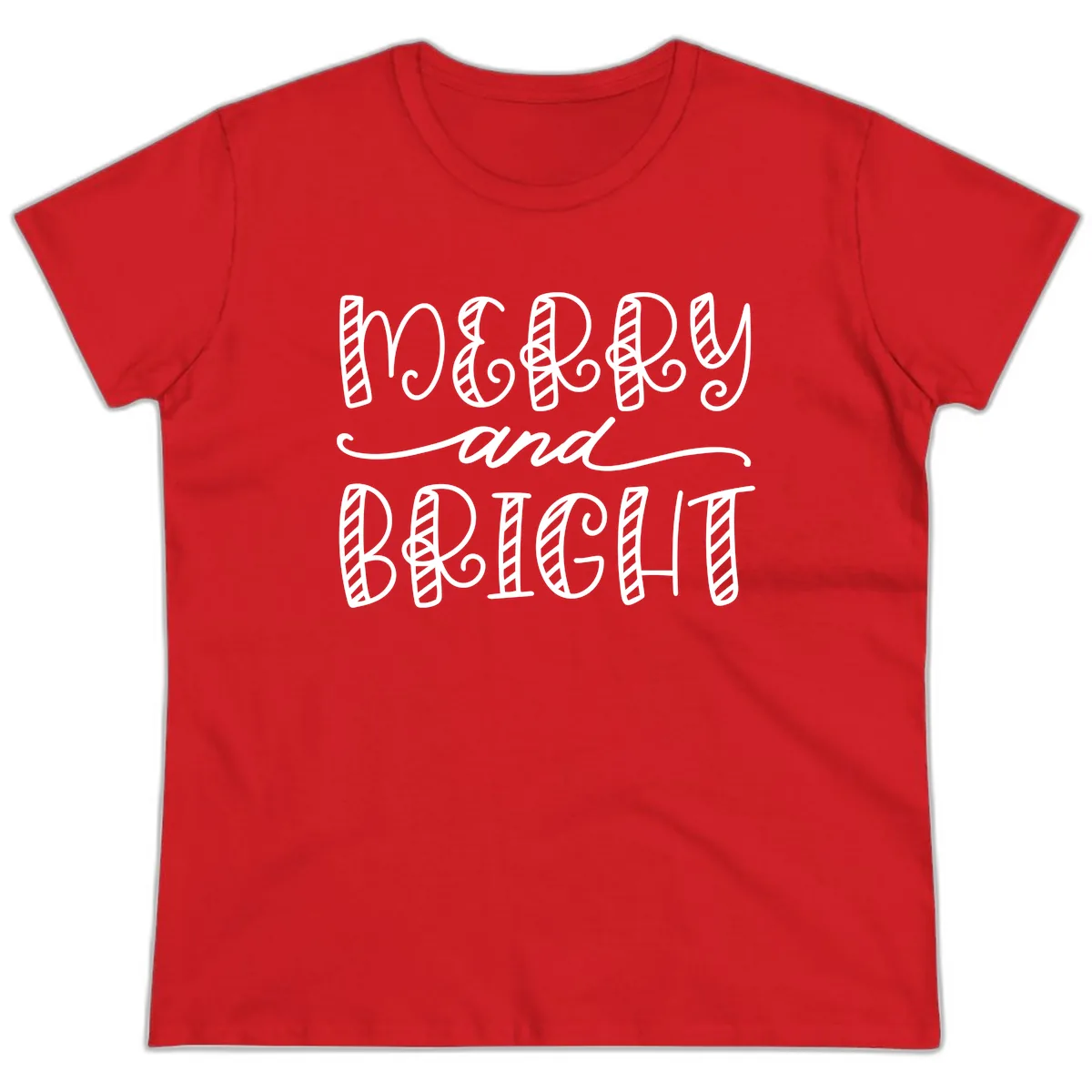 Merry And Bright Holiday Lettering Ladies Tee in Red
