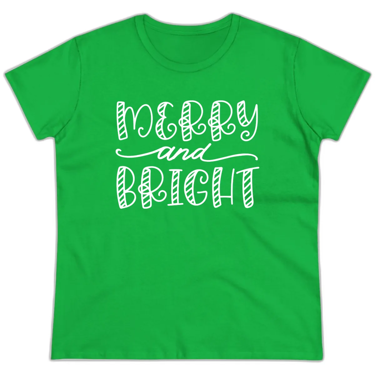 Merry And Bright Holiday Lettering Ladies Tee in Irish Green