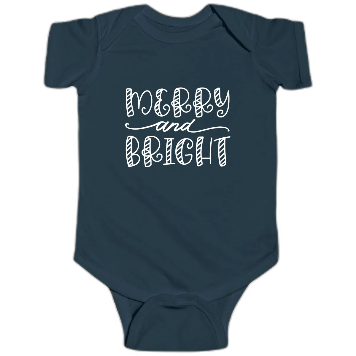 Merry And Bright Holiday Lettering Baby Onesie in Navy