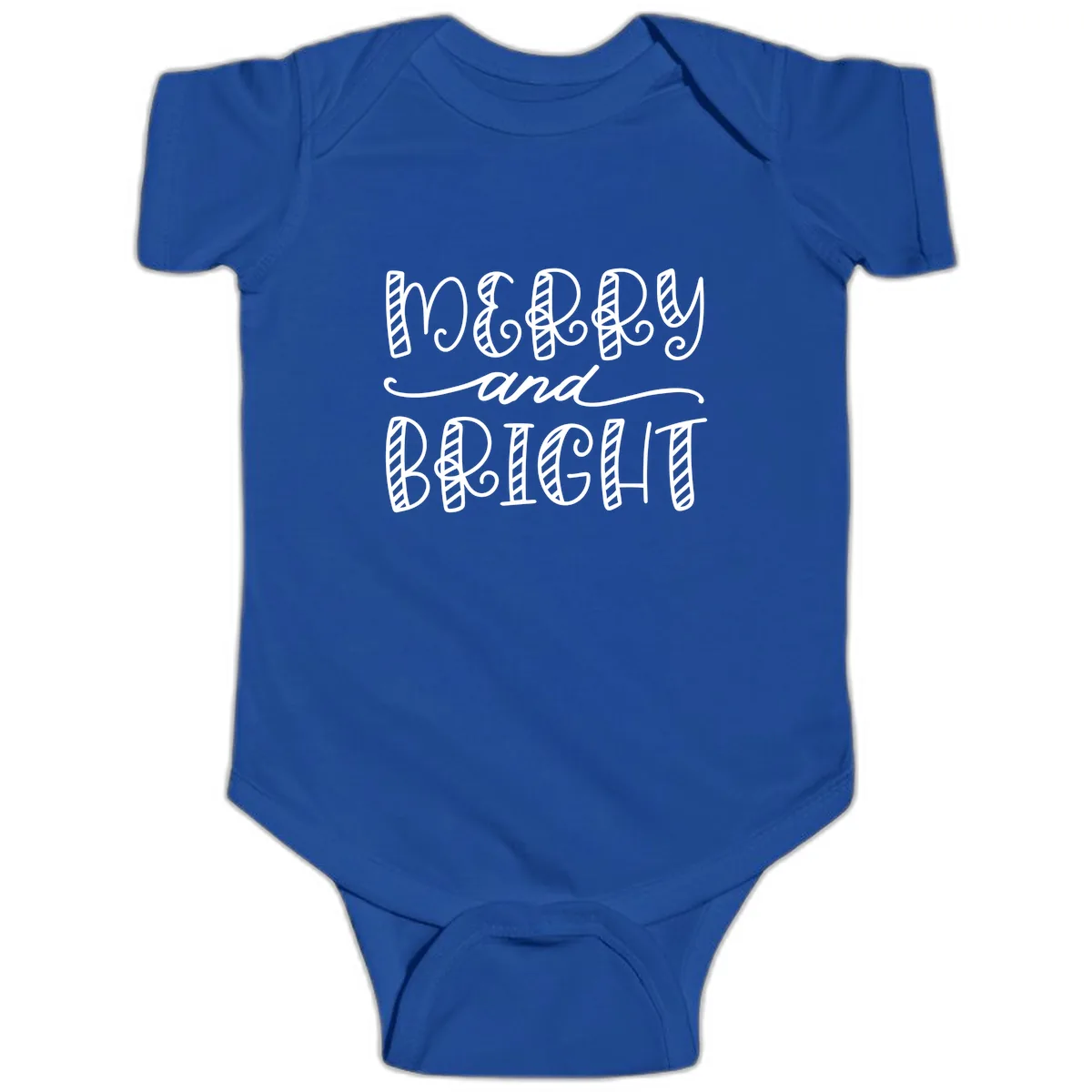 Merry And Bright Holiday Lettering Baby Onesie in Royal