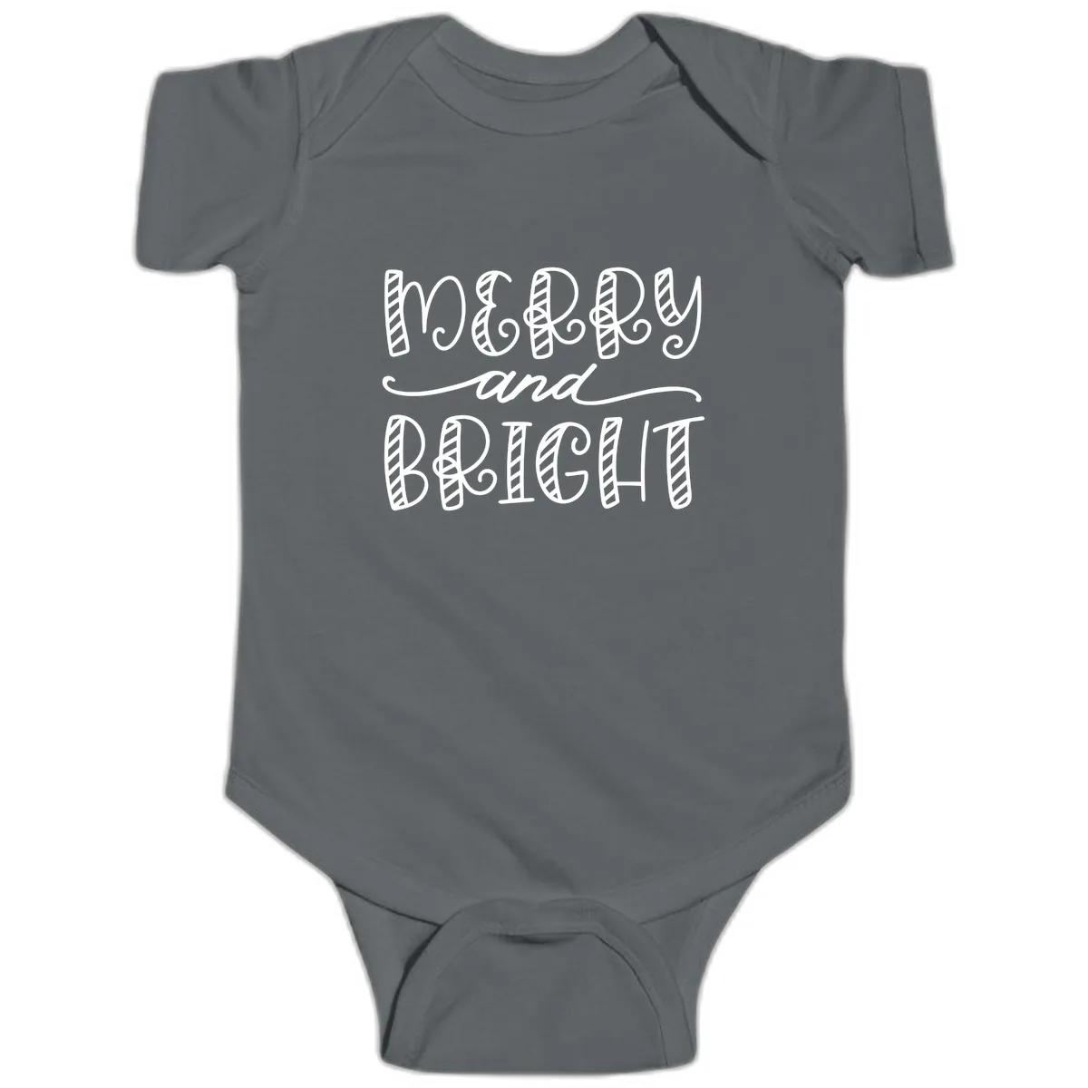 Merry And Bright Holiday Lettering Baby Onesie in Charcoal