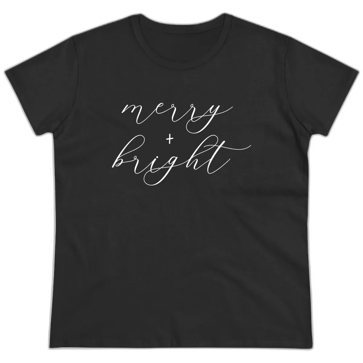 Merry And Bright Script Design Ladies Tee in Black