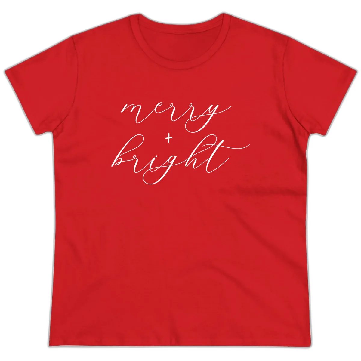 Merry And Bright Script Design Ladies Tee in Red