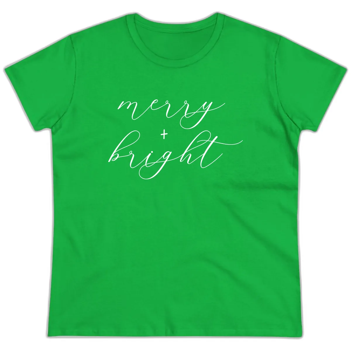 Merry And Bright Script Design Ladies Tee in Irish Green