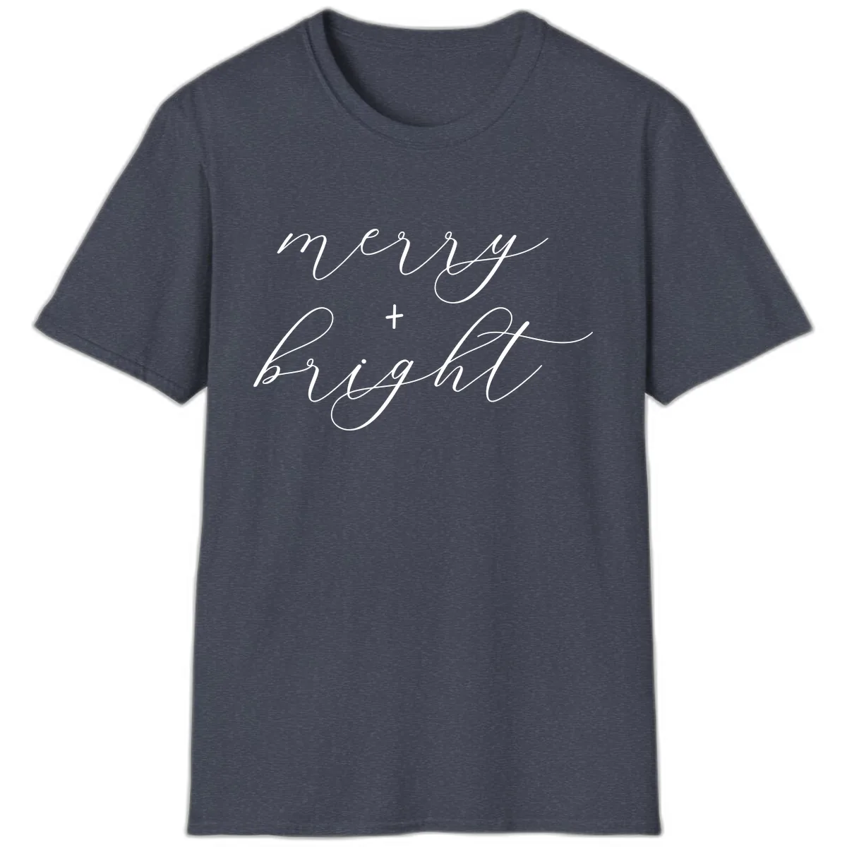 Merry And Bright Script Design T-Shirt in Heather Navy
