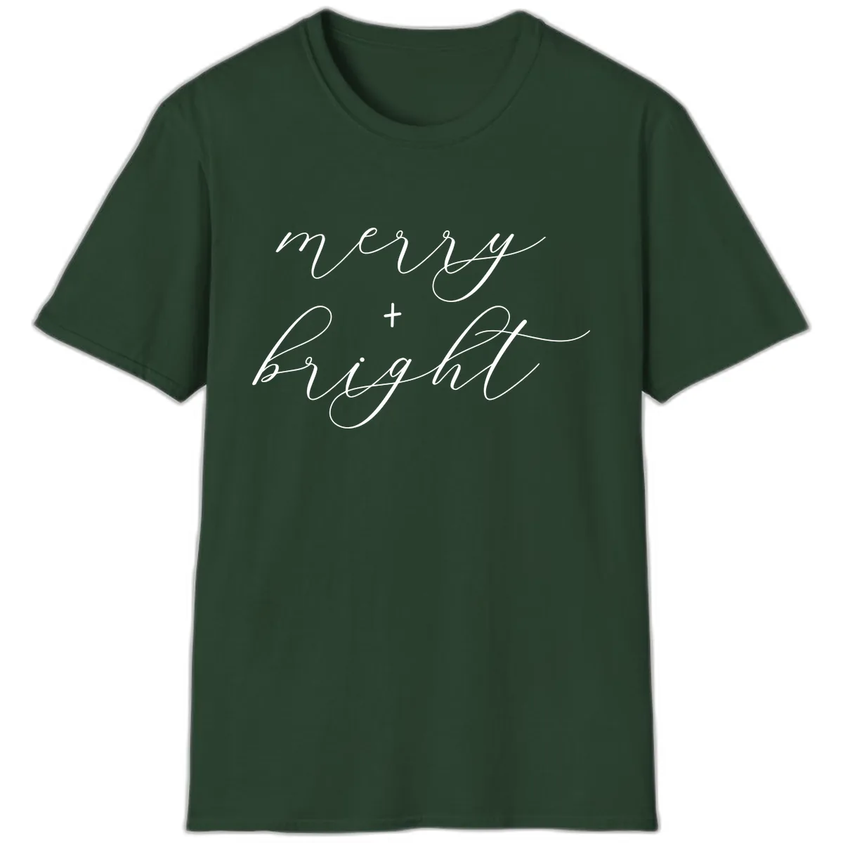 Merry And Bright Script Design T-Shirt in Forest Green