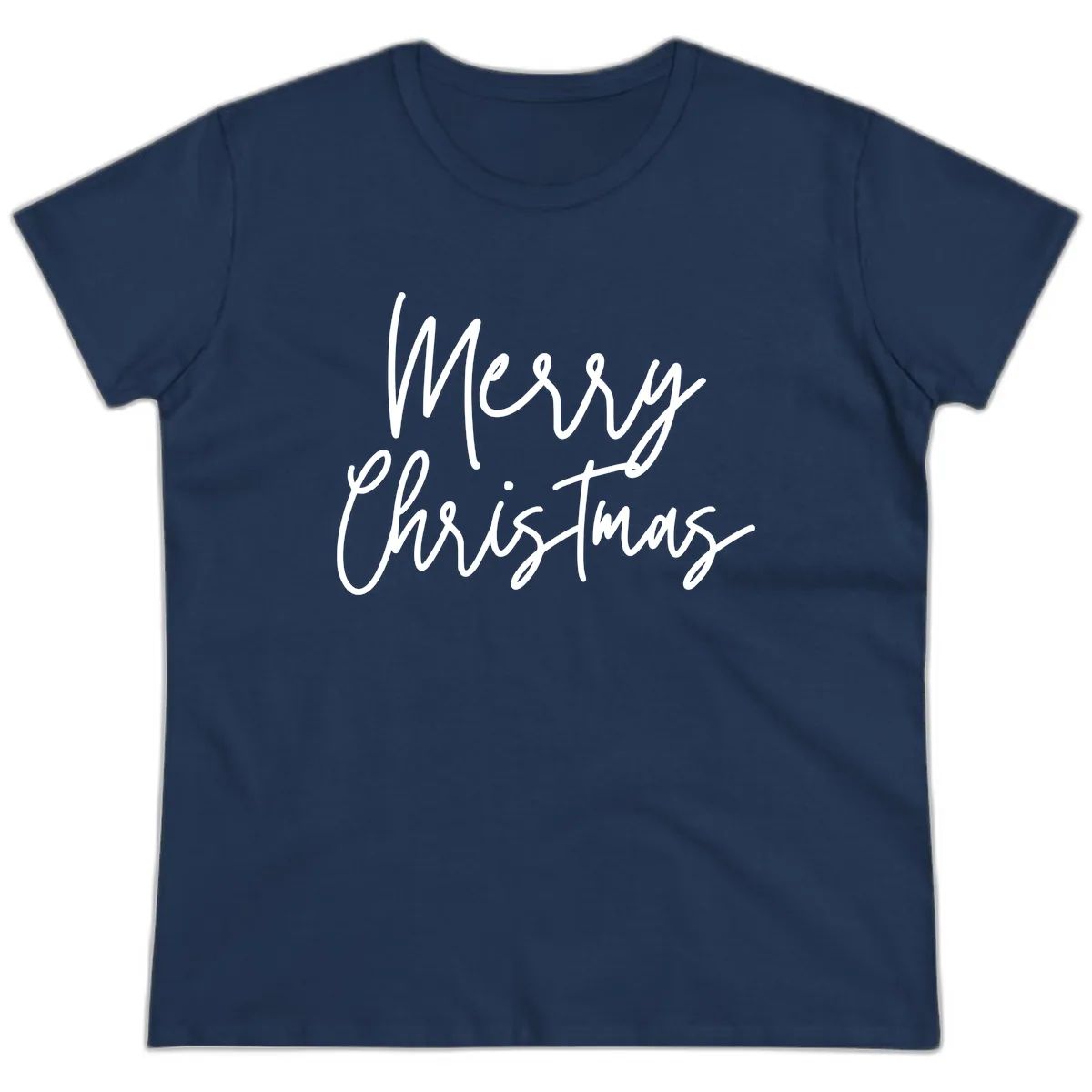 Merry Christmas Script Text Design Ladies Tee in Navy