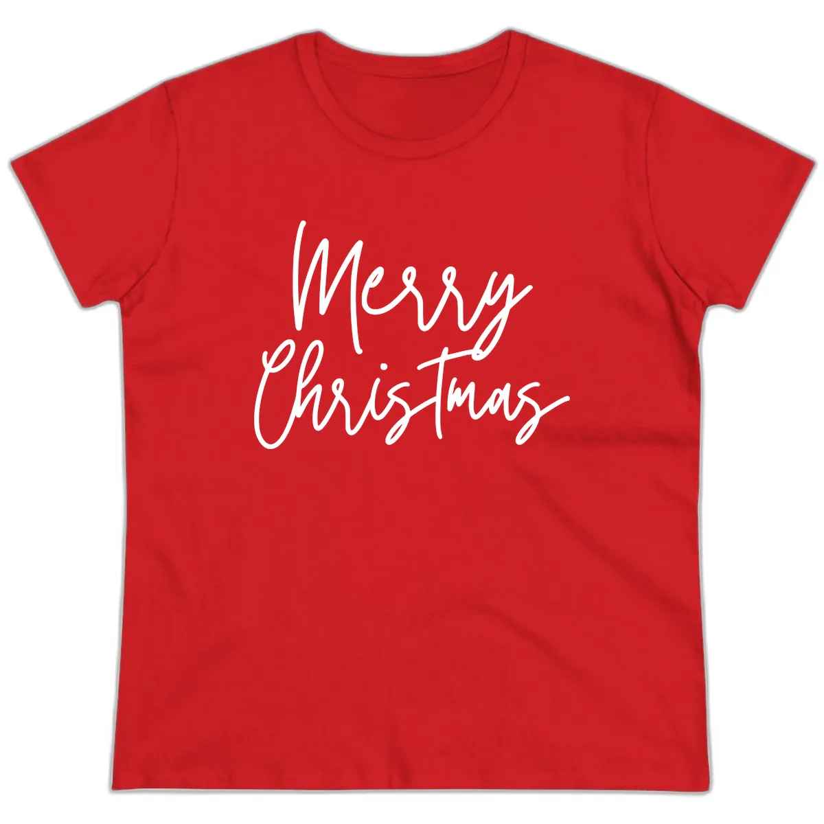 Merry Christmas Script Text Design Ladies Tee in Red