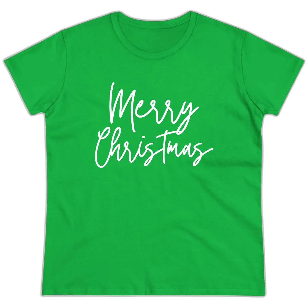 Merry Christmas Script Text Design Ladies Tee in Irish Green