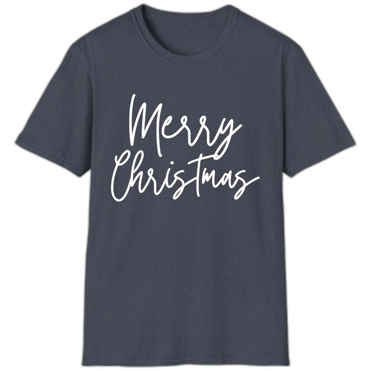 Merry Christmas Script Text Design T-Shirt in Heather Navy