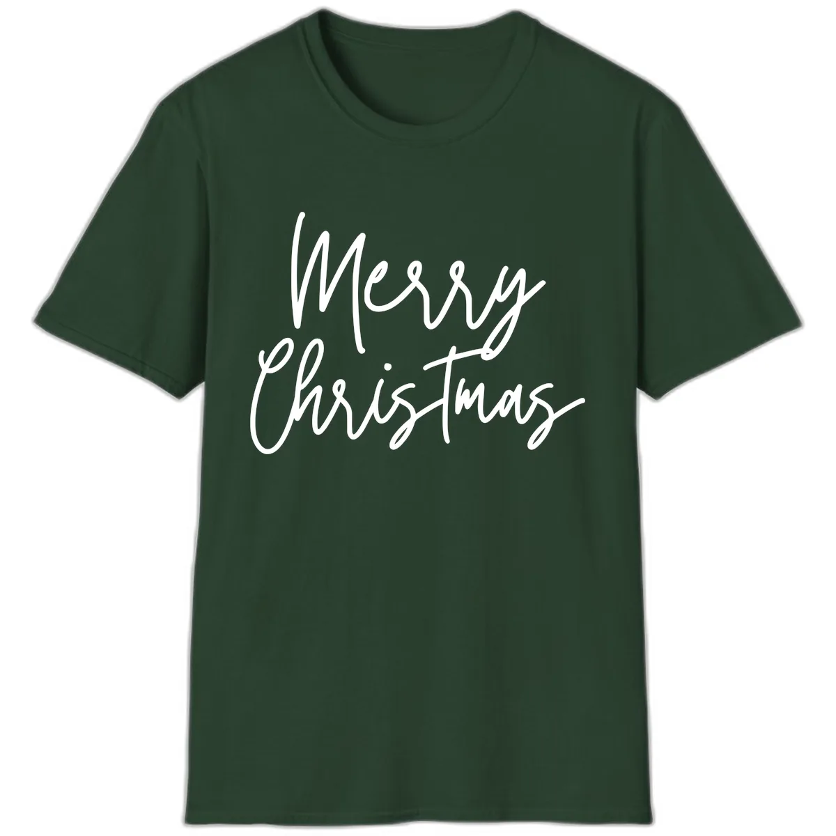 Merry Christmas Script Text Design T-Shirt in Forest Green