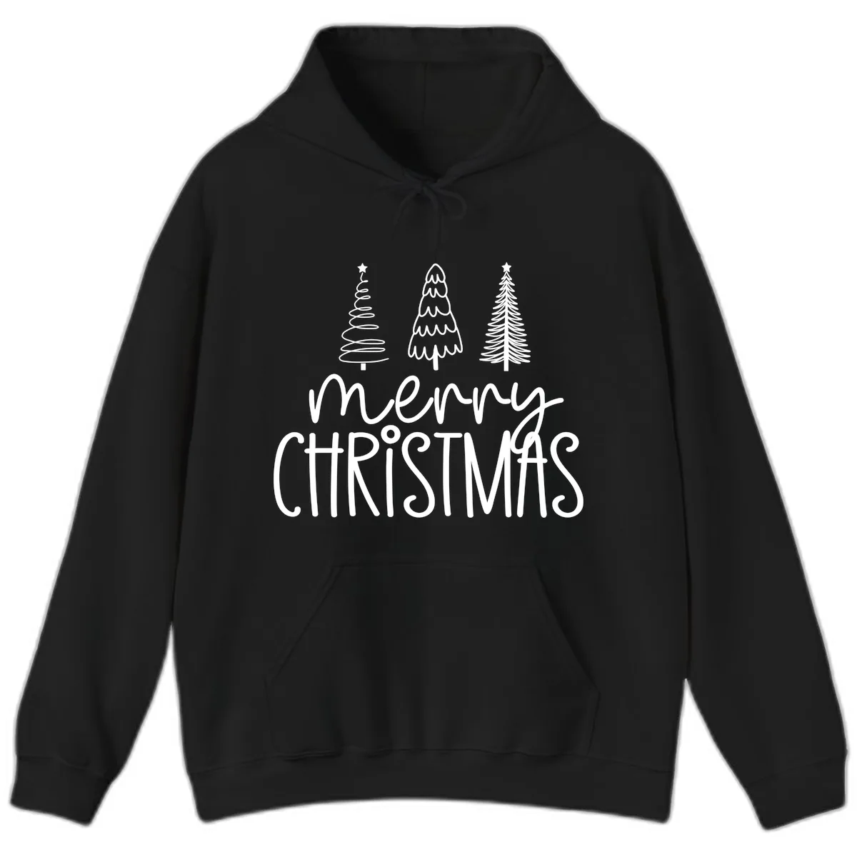 Merry Christmas Trees Typography Hoodie in Black
