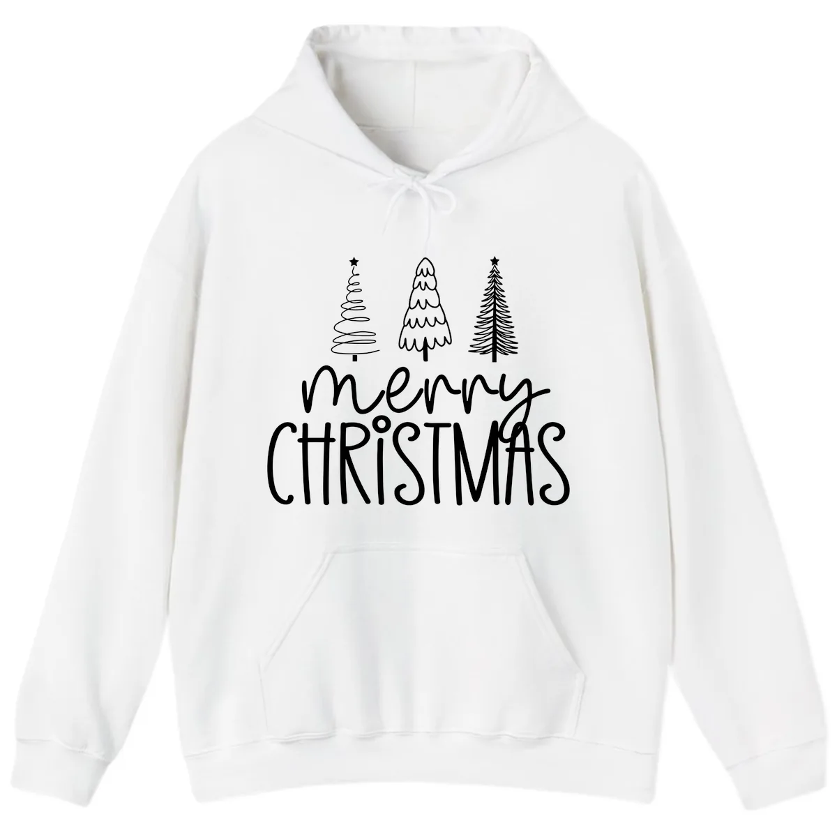 Merry Christmas Trees Typography Hoodie in White