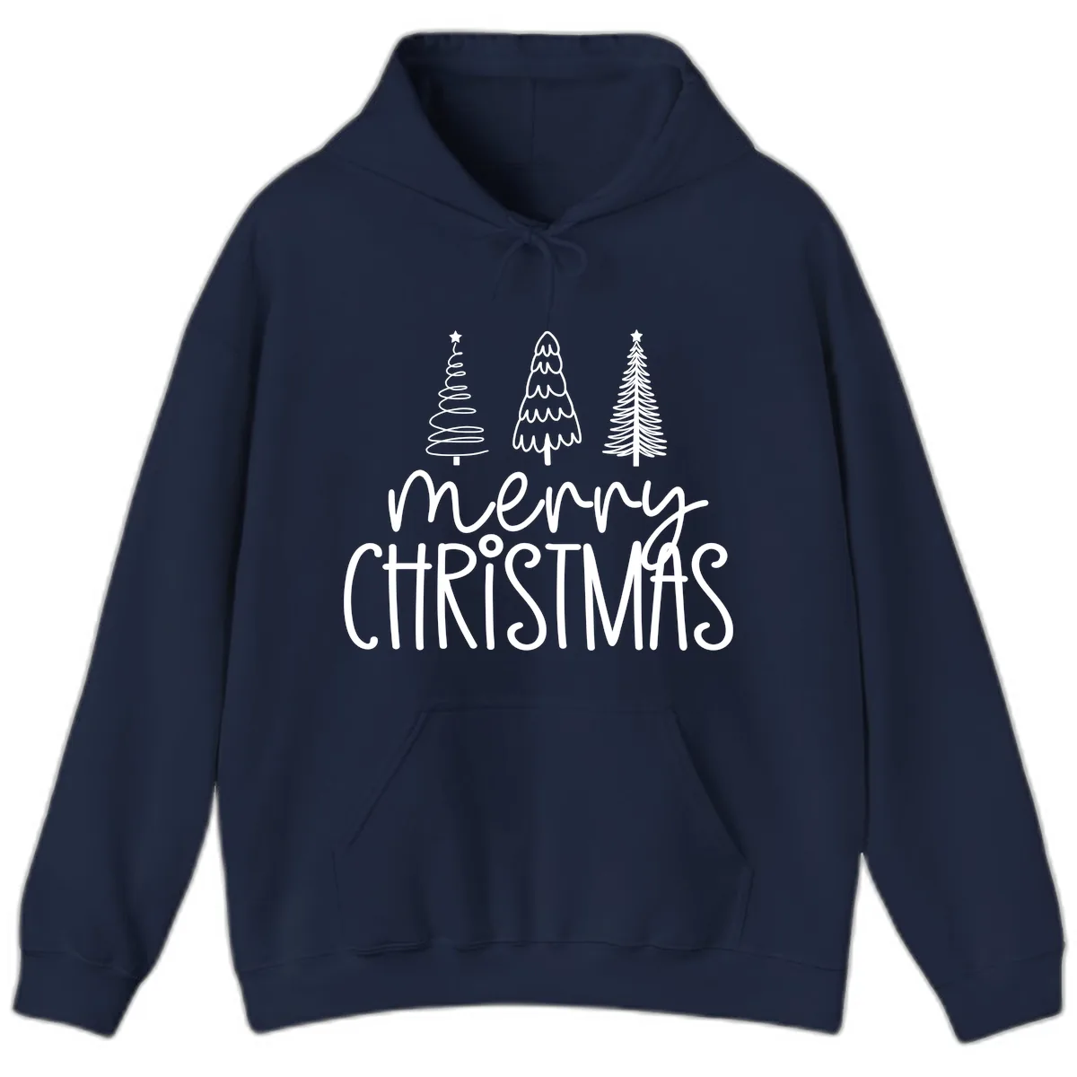 Merry Christmas Trees Typography Hoodie in Navy