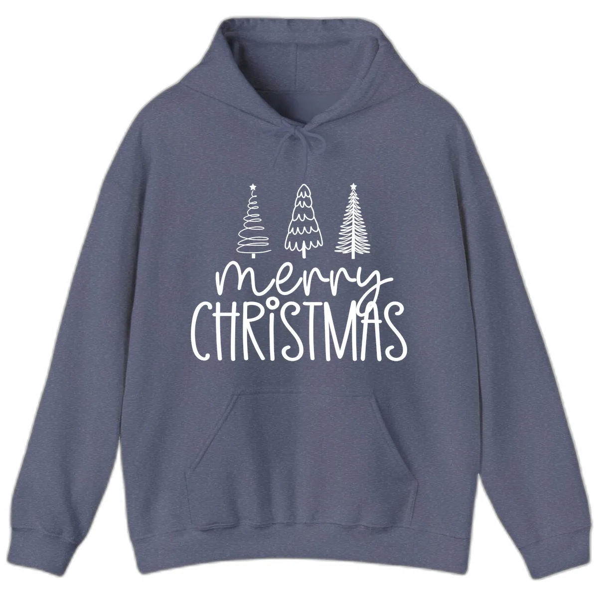 Merry Christmas Trees Typography Hoodie in Heather Navy