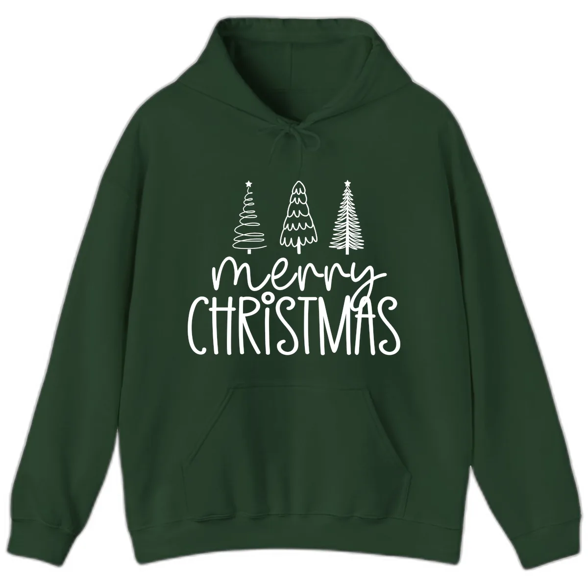 Merry Christmas Trees Typography Hoodie in Forest Green