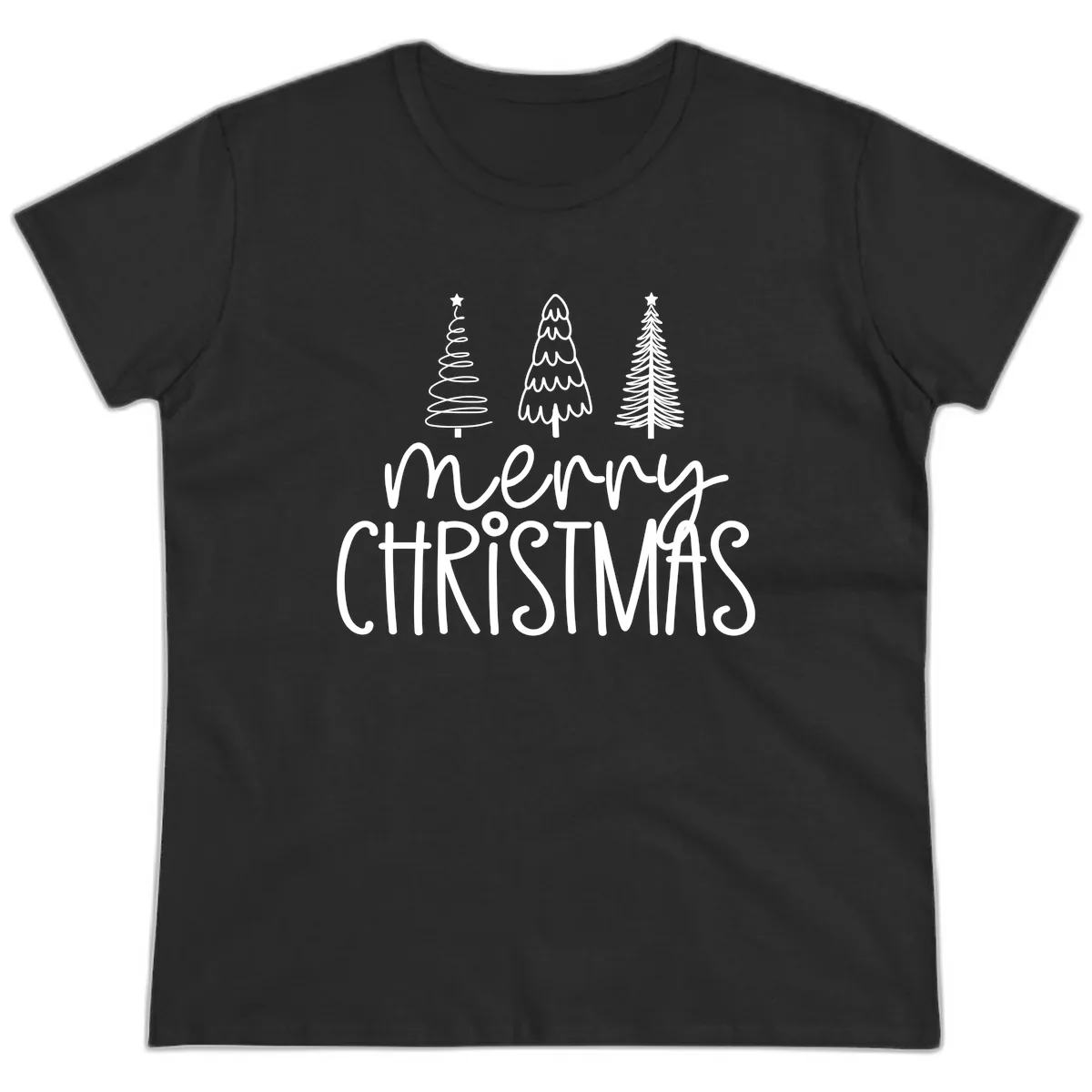 Merry Christmas Trees Typography Ladies Tee in Black