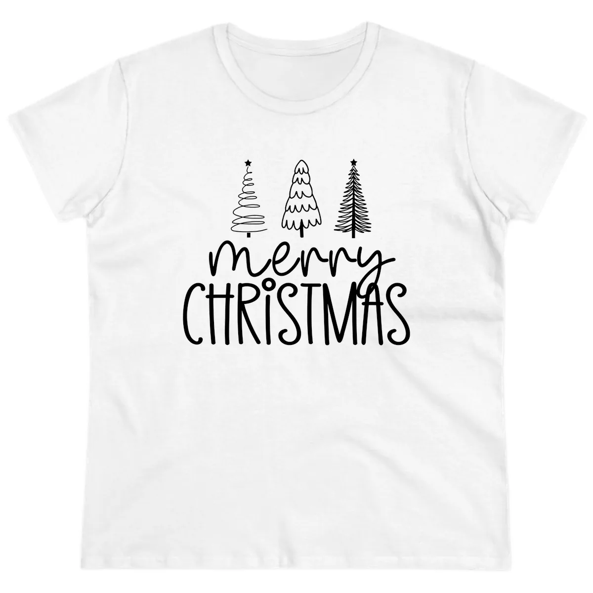 Merry Christmas Trees Typography Ladies Tee in White