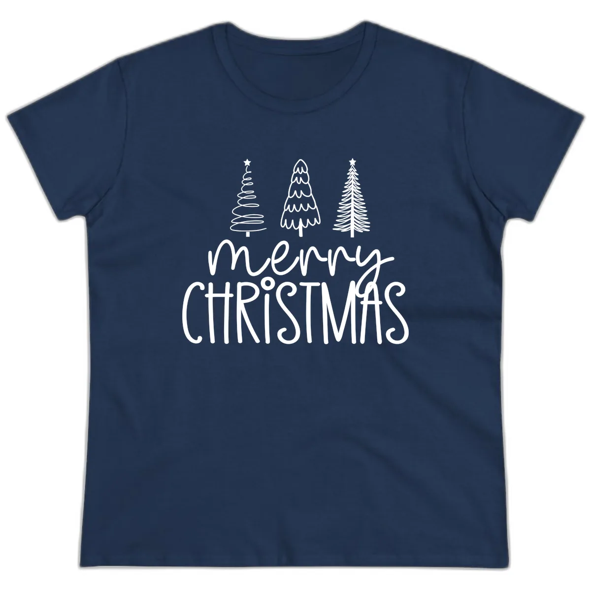 Merry Christmas Trees Typography Ladies Tee in Navy