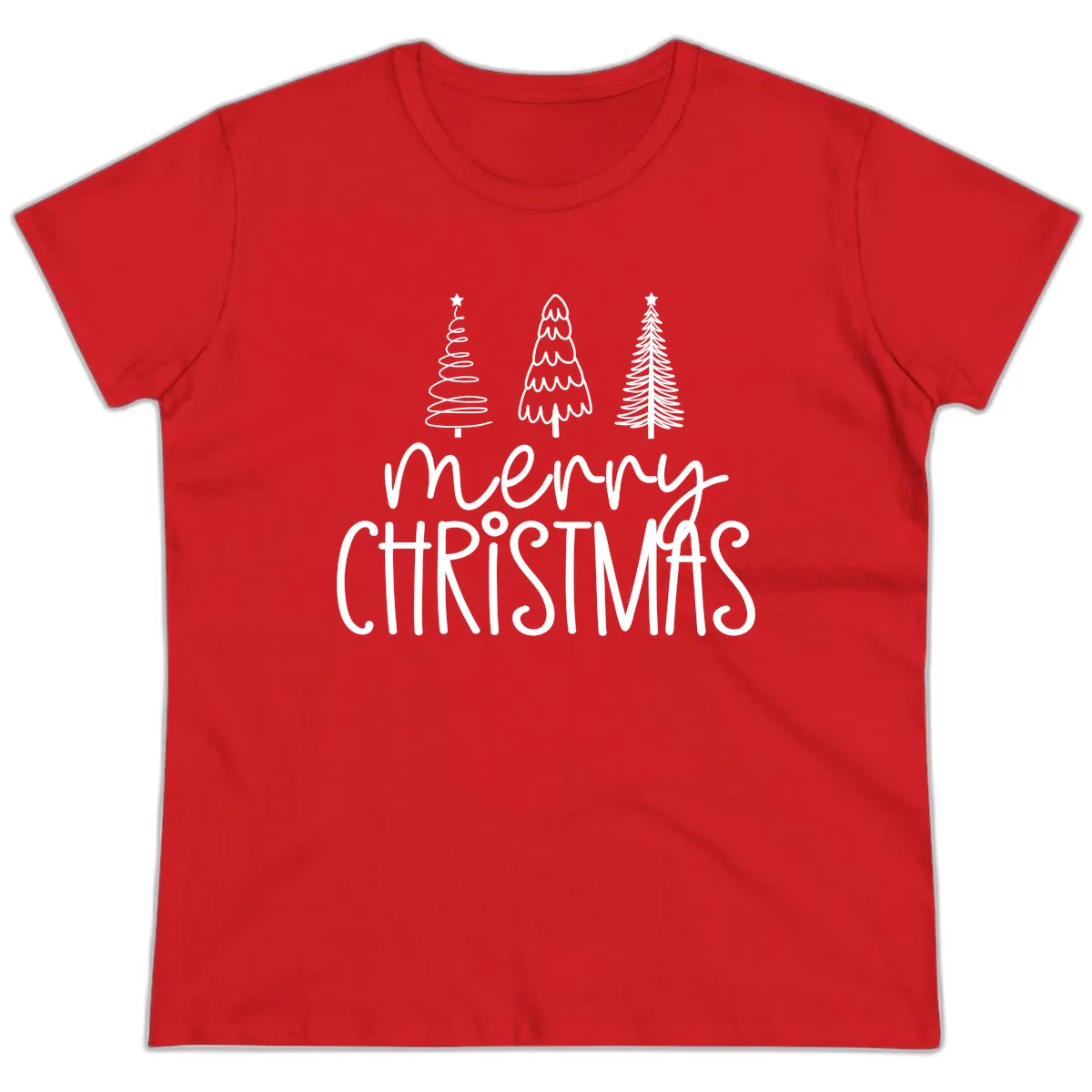 Merry Christmas Trees Typography Ladies Tee in Red