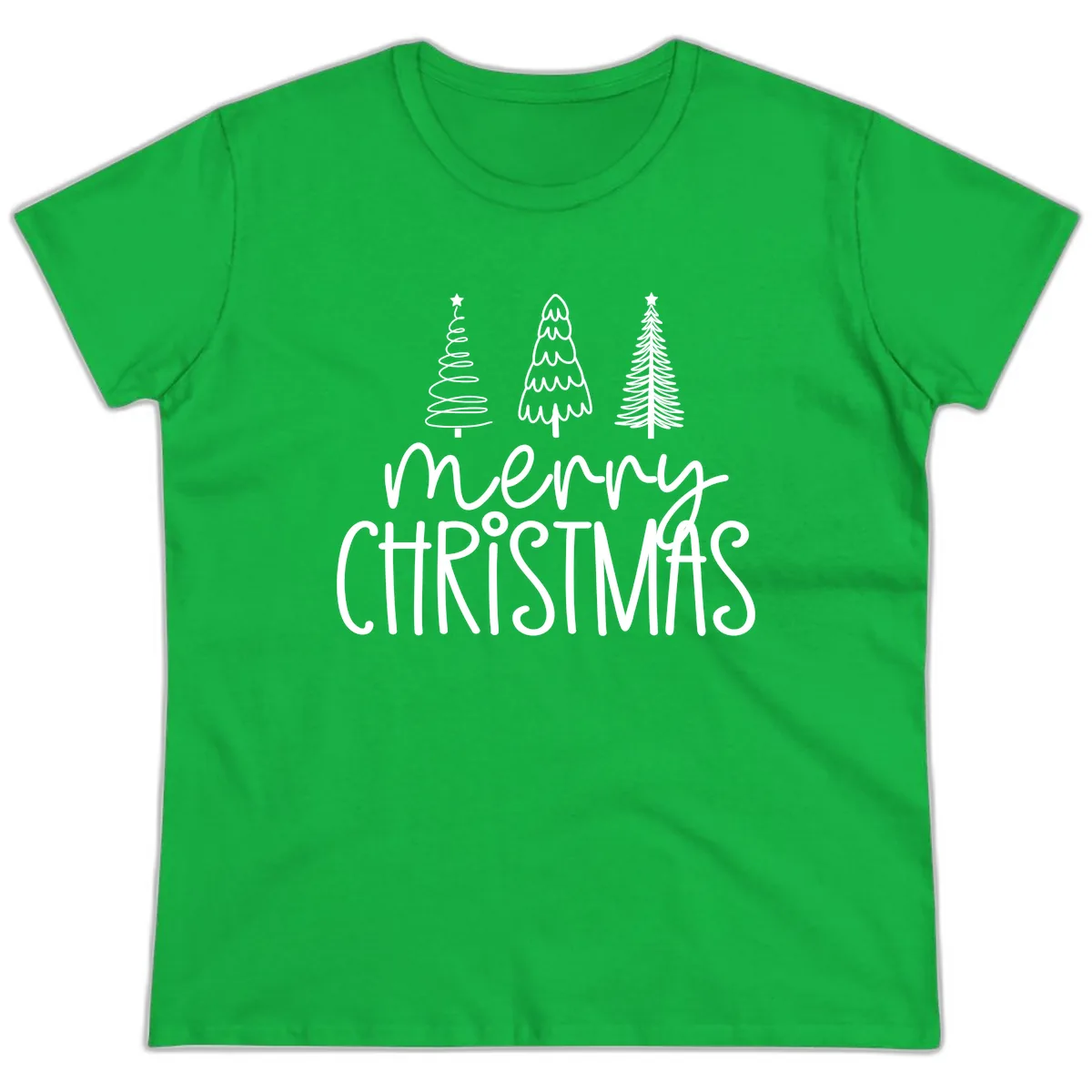Merry Christmas Trees Typography Ladies Tee in Irish Green