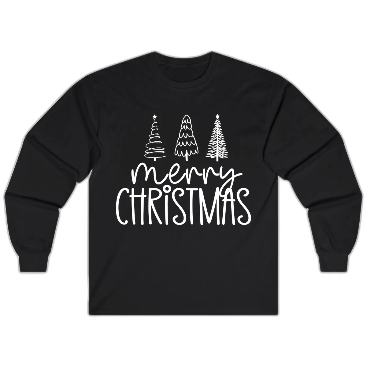 Merry Christmas Trees Typography Long Sleeve in Black