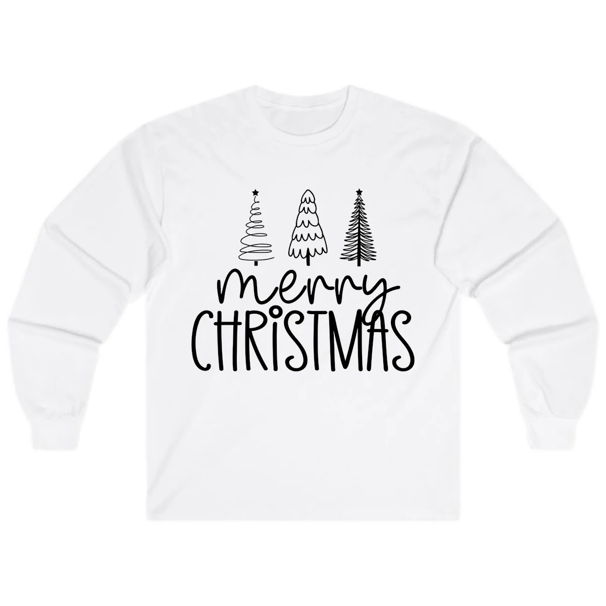 Merry Christmas Trees Typography Long Sleeve in White