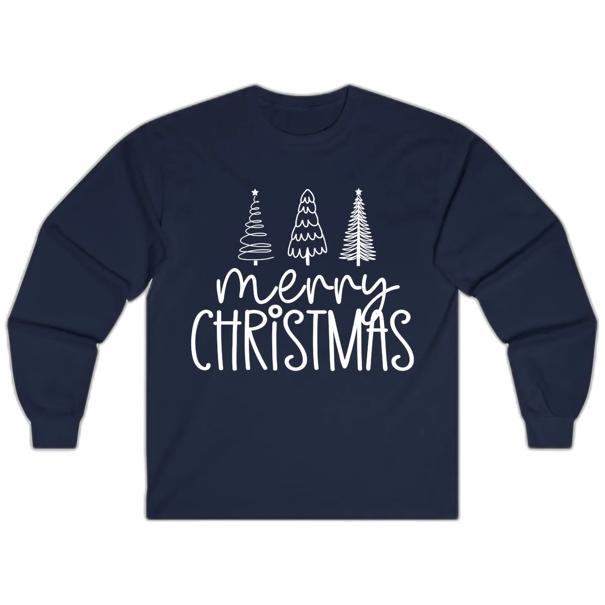 Merry Christmas Trees Typography Long Sleeve in Navy