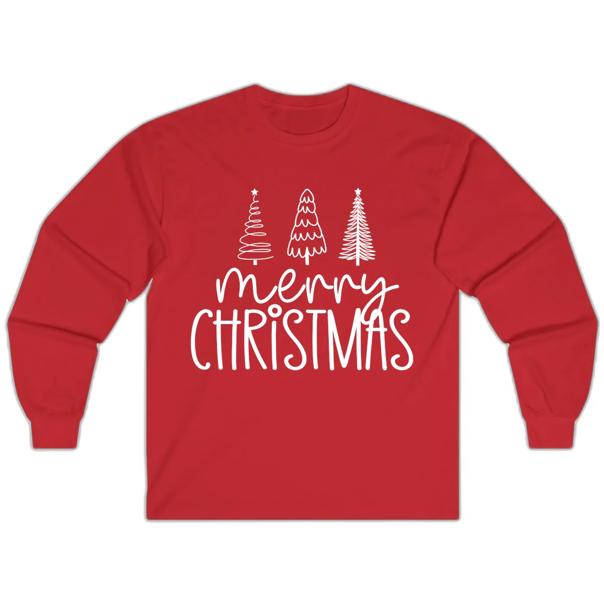 Merry Christmas Trees Typography Long Sleeve in Red