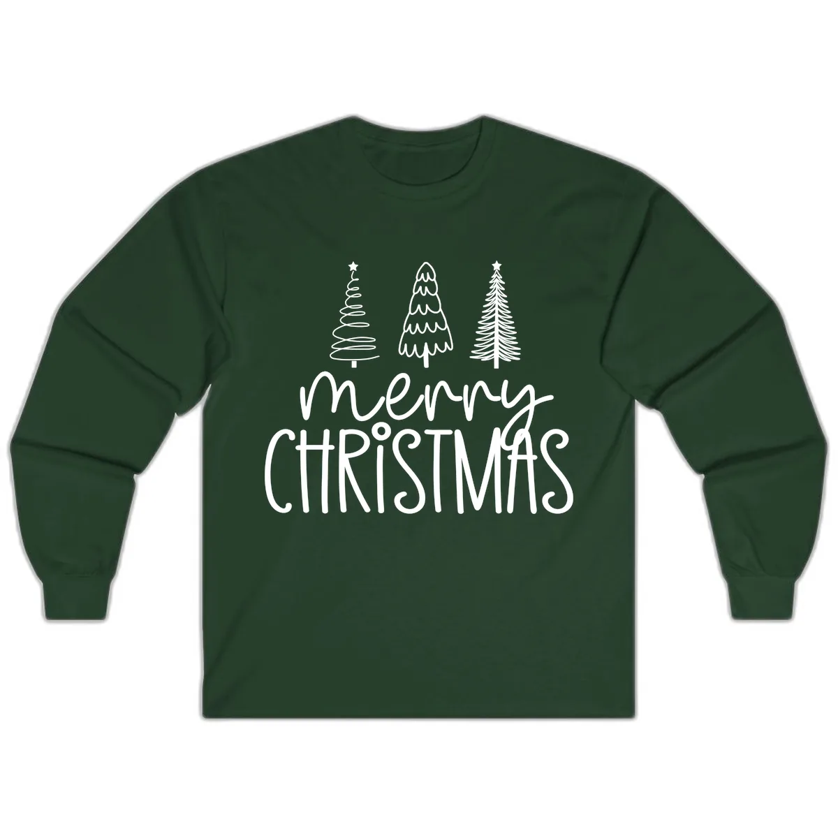 Merry Christmas Trees Typography Long Sleeve in Forest Green