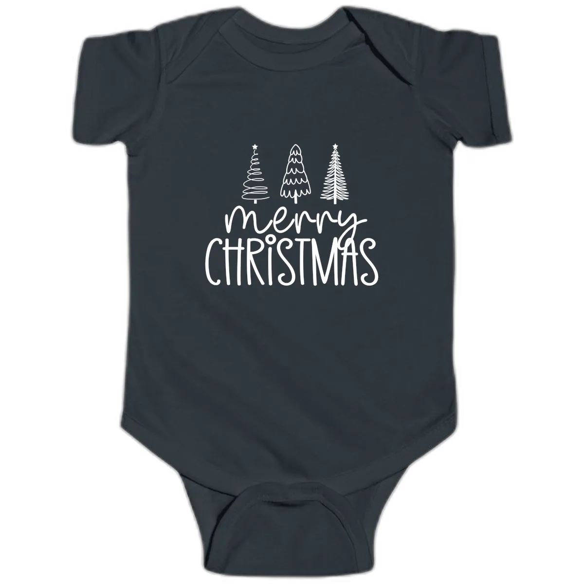 Merry Christmas Trees Typography Baby Onesie in Black