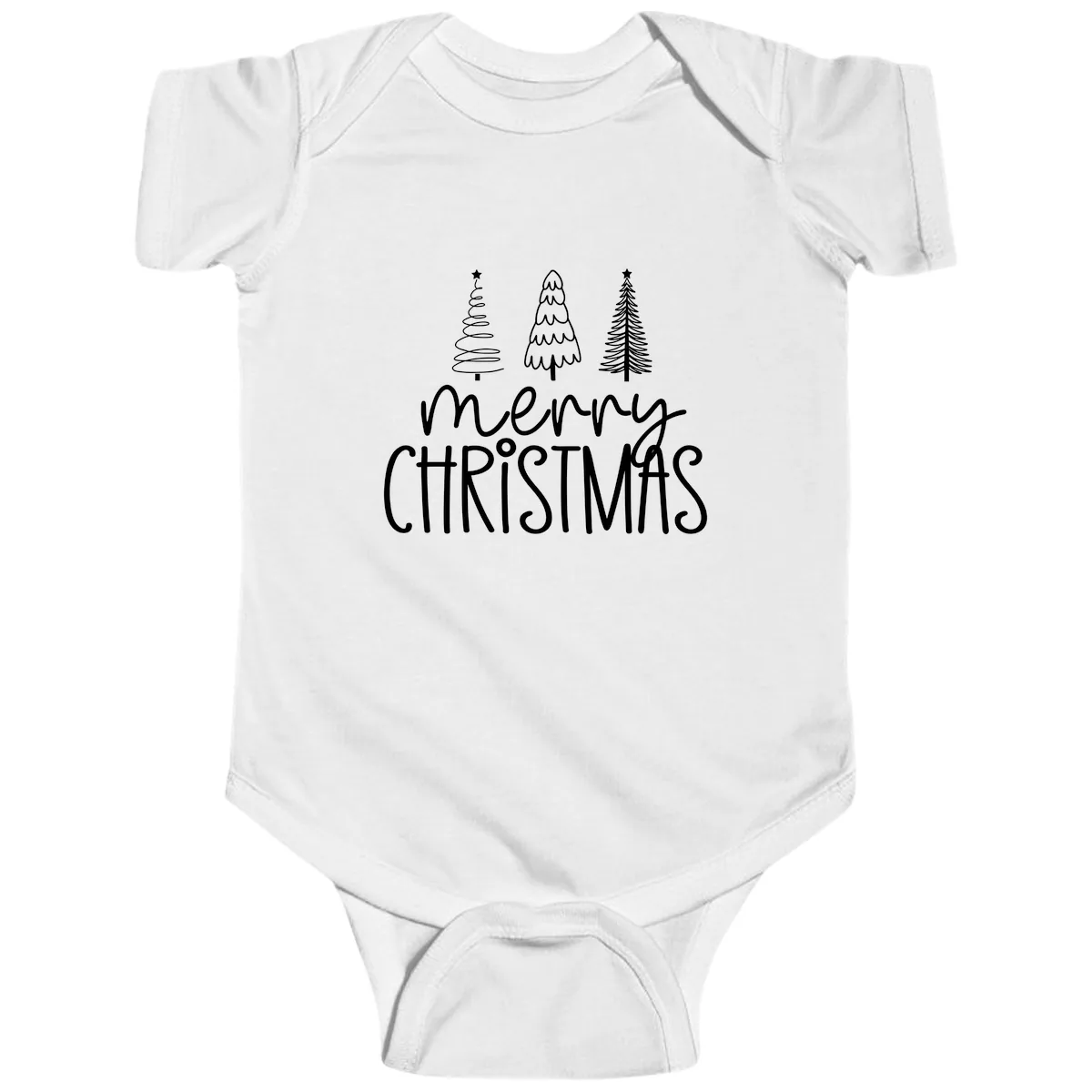 Merry Christmas Trees Typography Baby Onesie in White