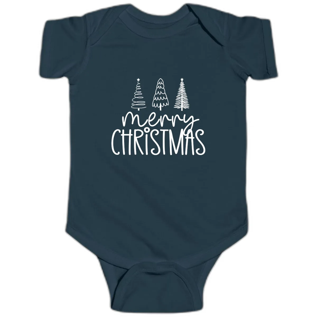 Merry Christmas Trees Typography Baby Onesie in Navy