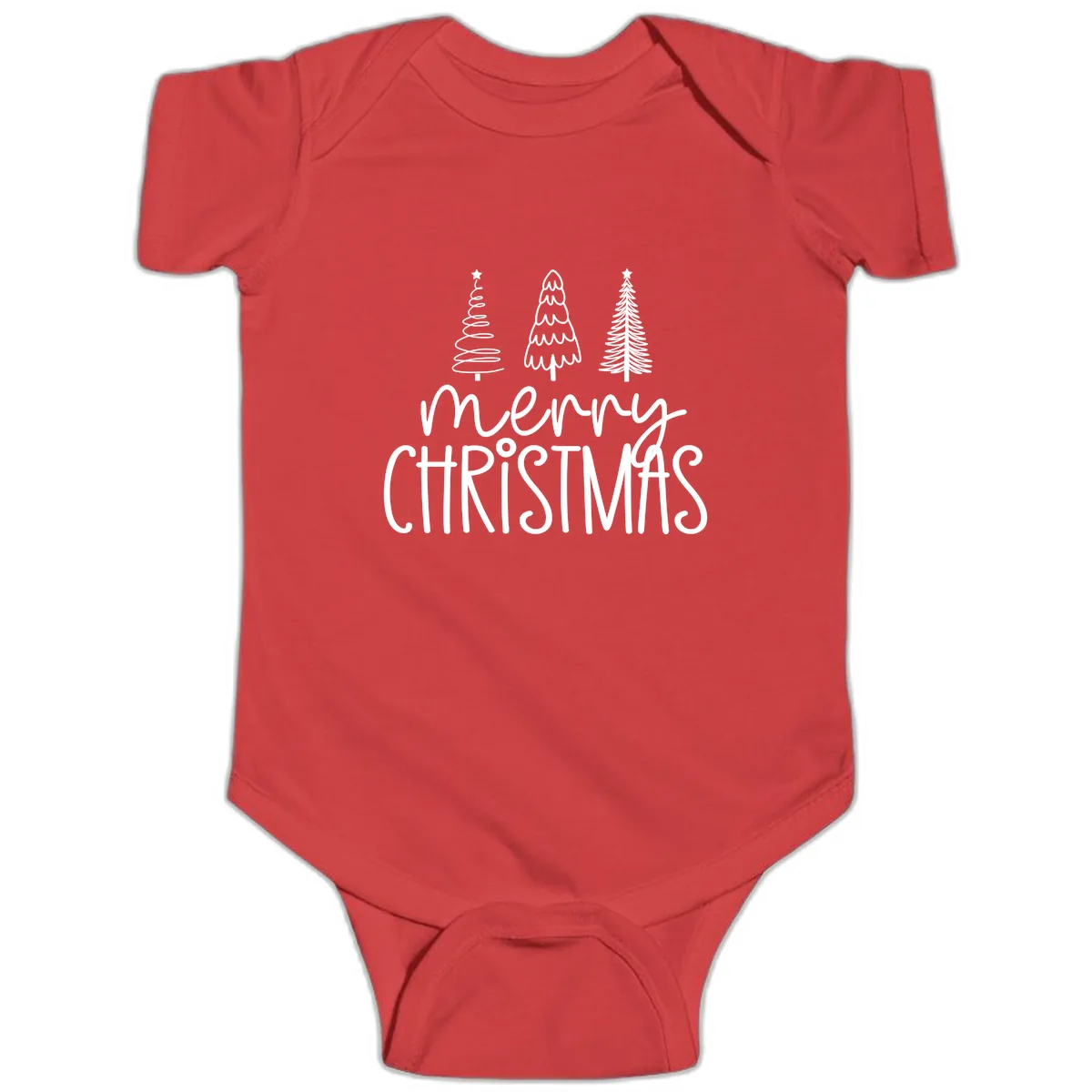 Merry Christmas Trees Typography Baby Onesie in Red