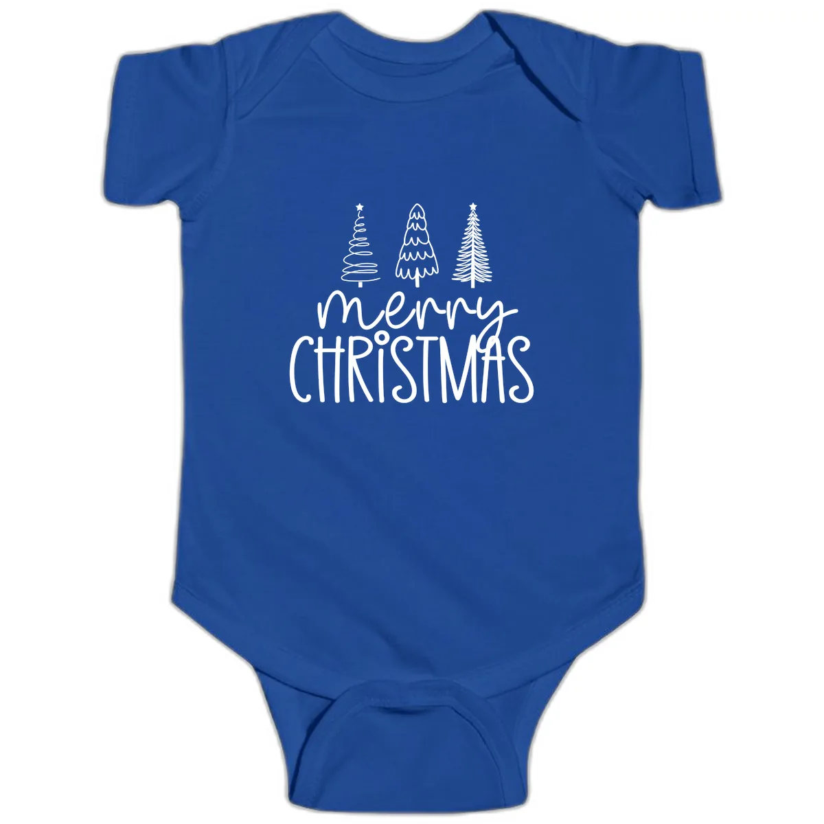 Merry Christmas Trees Typography Baby Onesie in Royal
