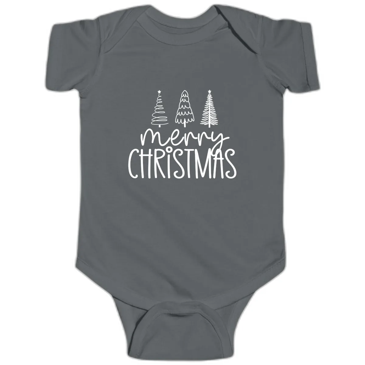 Merry Christmas Trees Typography Baby Onesie in Charcoal
