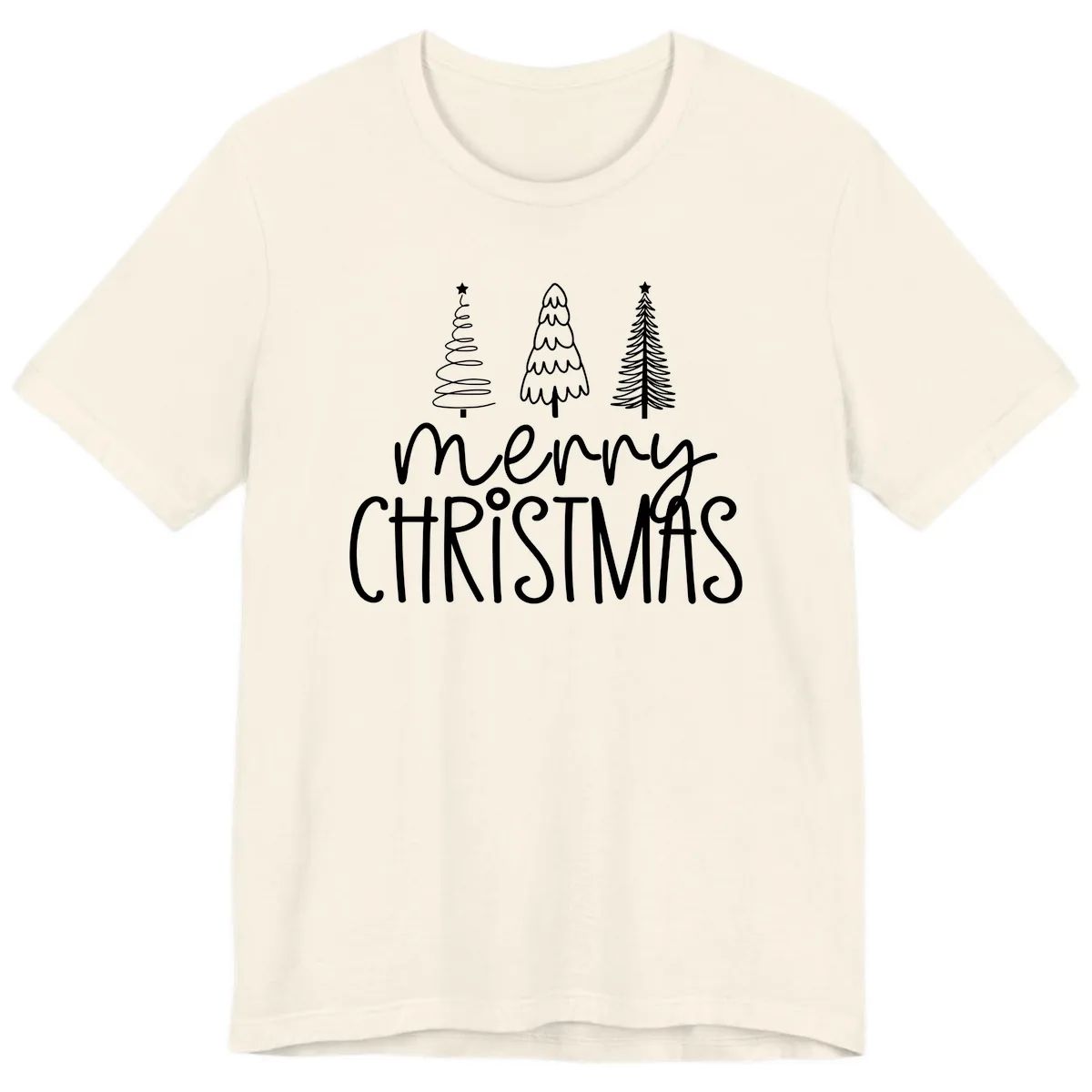 Merry Christmas Trees Typography Premium T-Shirt in Natural
