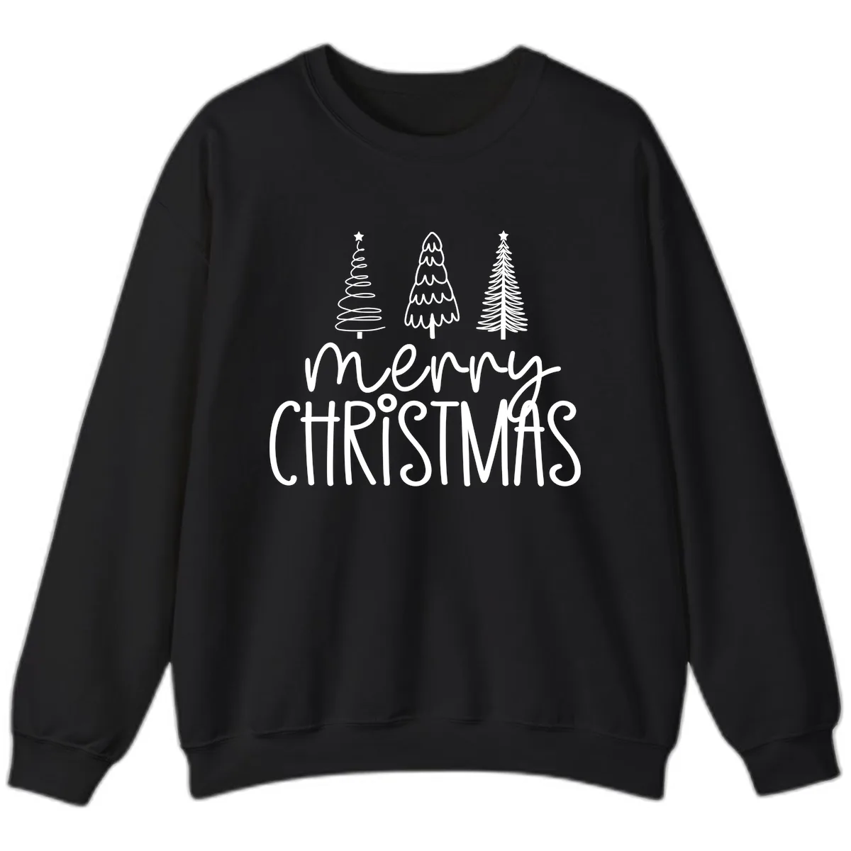 Merry Christmas Trees Typography Sweatshirt in Black
