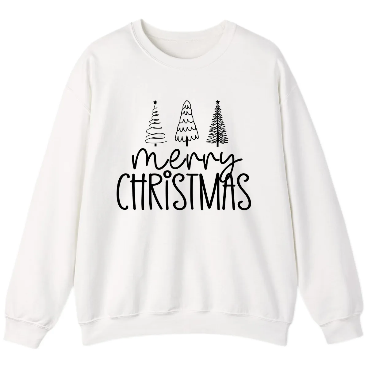 Merry Christmas Trees Typography Sweatshirt in White