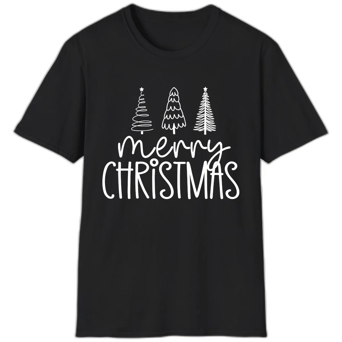 Merry Christmas Trees Typography T-Shirt in Black