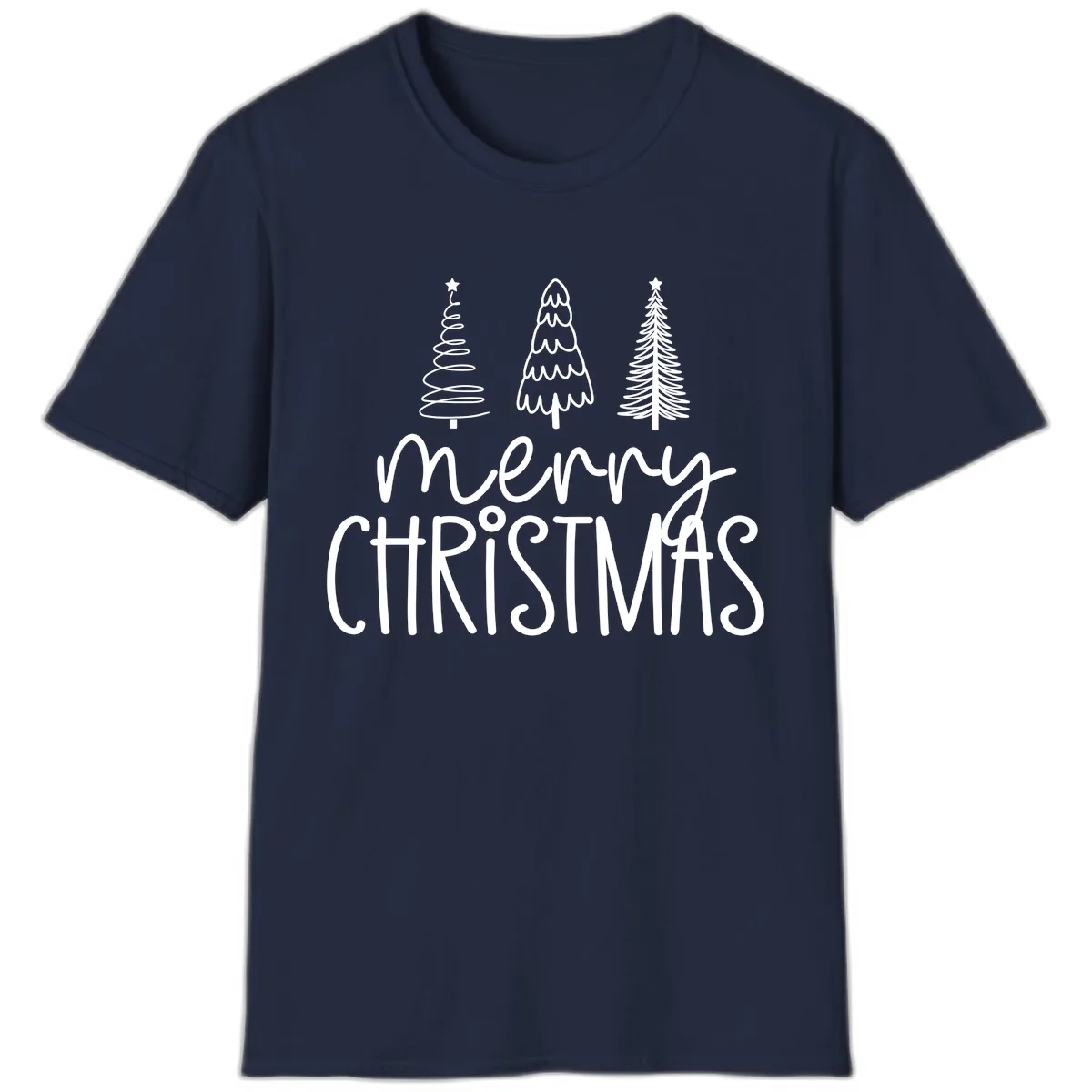 Merry Christmas Trees Typography T-Shirt in Navy