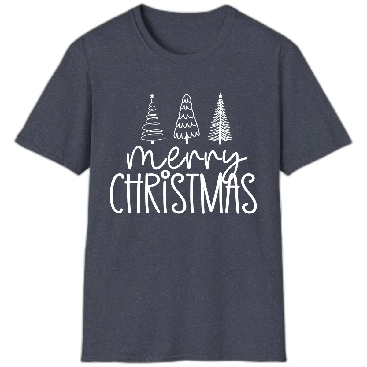 Merry Christmas Trees Typography T-Shirt in Heather Navy